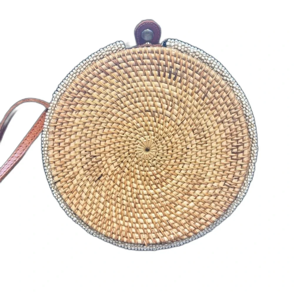 MadebyWave Viktoria Bakir Round Rattan Seed Bead Leather Resort Shoulder Bag